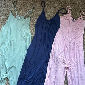 Set of Three Spaghetti Strap Jumpsuits in Pastel and Navy